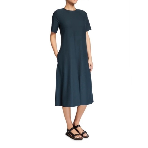 Eileen Fisher Jewel Tone Blue/Green Crepe Short Sleeve Midi Dress Size X-Small - Picture 1 of 12